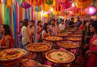 Colorful birthday party catering setup with themed decorations