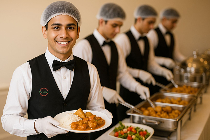 Professional catering team at Foodies Revival serving guests at an indoor event