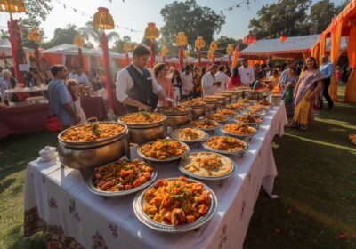 Outdoor garden party catering setup with elegant seating by Foodies Revival