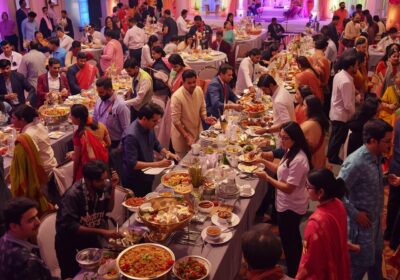 Wedding reception catering setup with traditional Indian décor