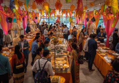 Opening ceremony catering table at a business launch event